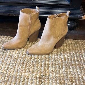 Tan high heeled cowboy booties